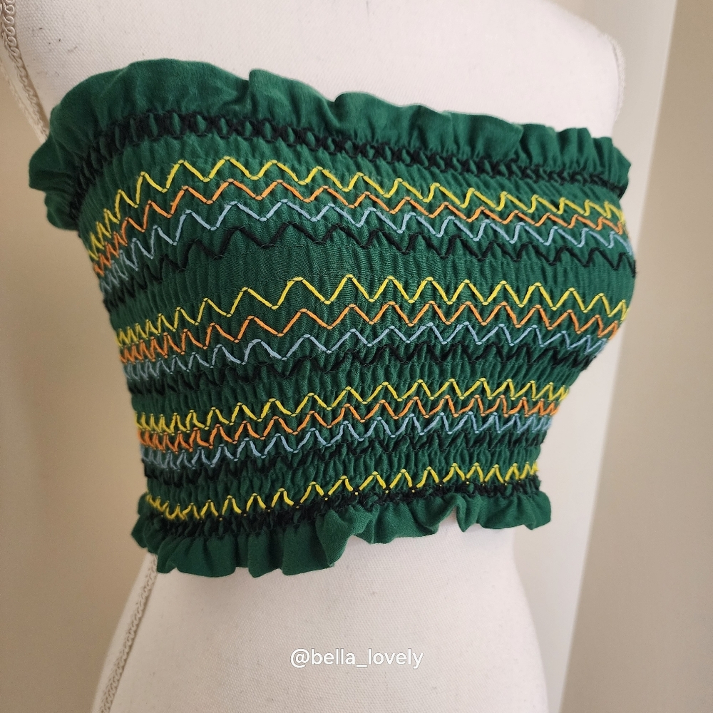 Scrunchy Tube Top Heart Hips Green Smocked Strapless Crop Top